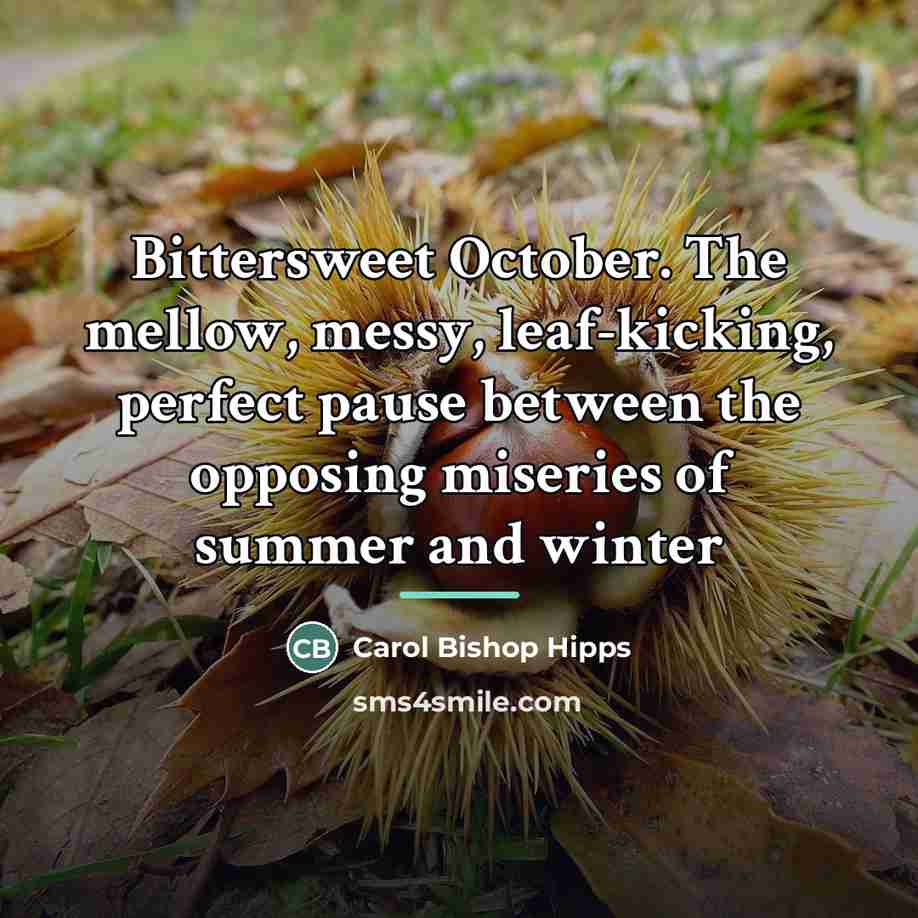 “Bittersweet October. The mellow, messy, leaf-kicking, perfect pause between the…” quote by Carol Bishop Hipps