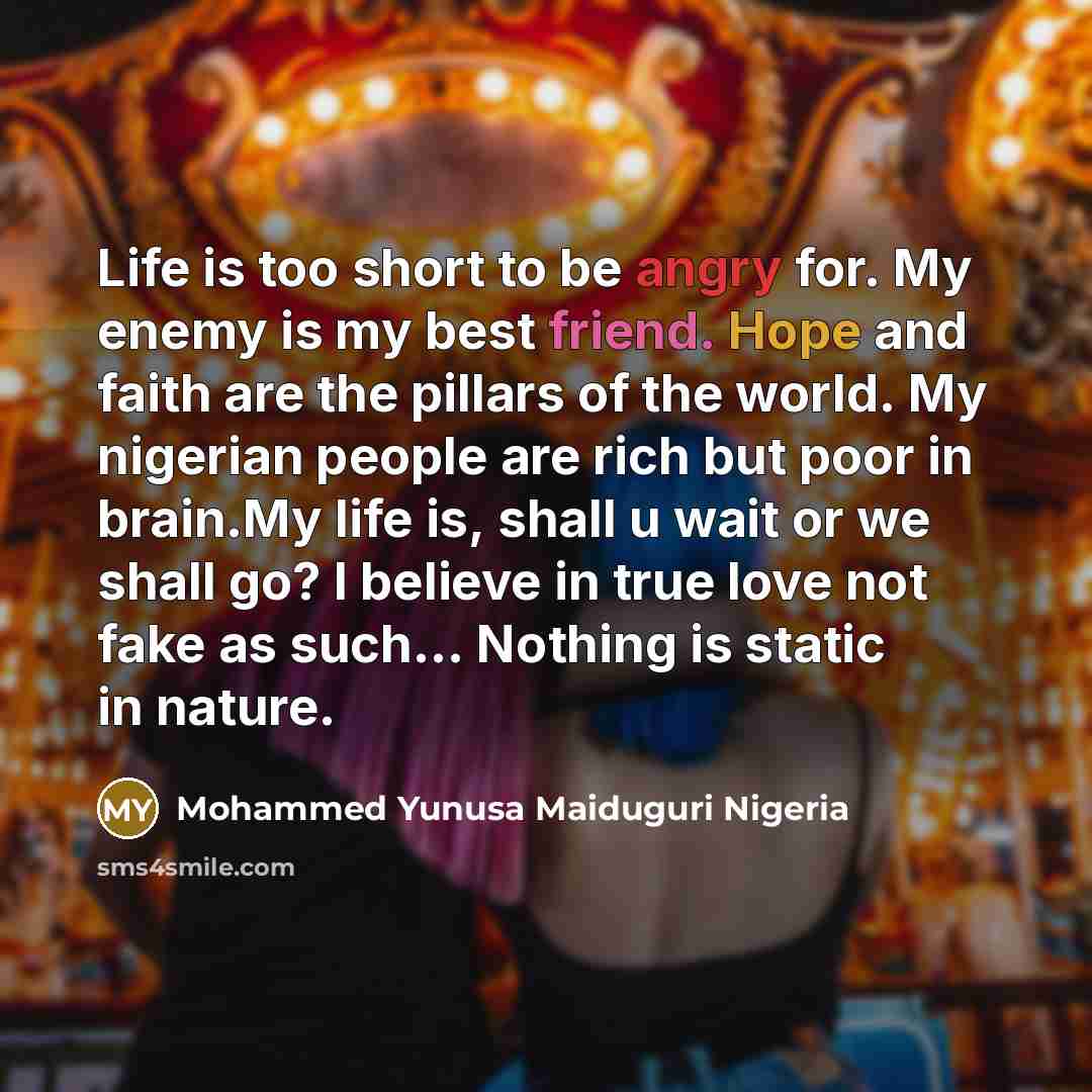 “Life is too short to be angry for. My enemy is my best friend. Hope and faith are the pillars of the world. My nigerian people are rich but poor in brain.My life is, shall u wait or we shall go? I believe in true love not fake as such... Nothing is static in nature.” quote by Mohammed Yunusa Maiduguri Nigeria