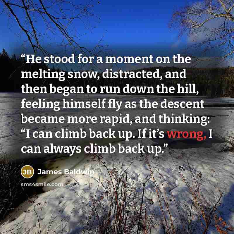 “He stood for a moment on the melting snow, distracted, and then began to run down the hill, feeling himself fly as the descent became more rapid, and thinking: “I can climb back up. If it’s wrong, I can always climb back up.” quote by James Baldwin