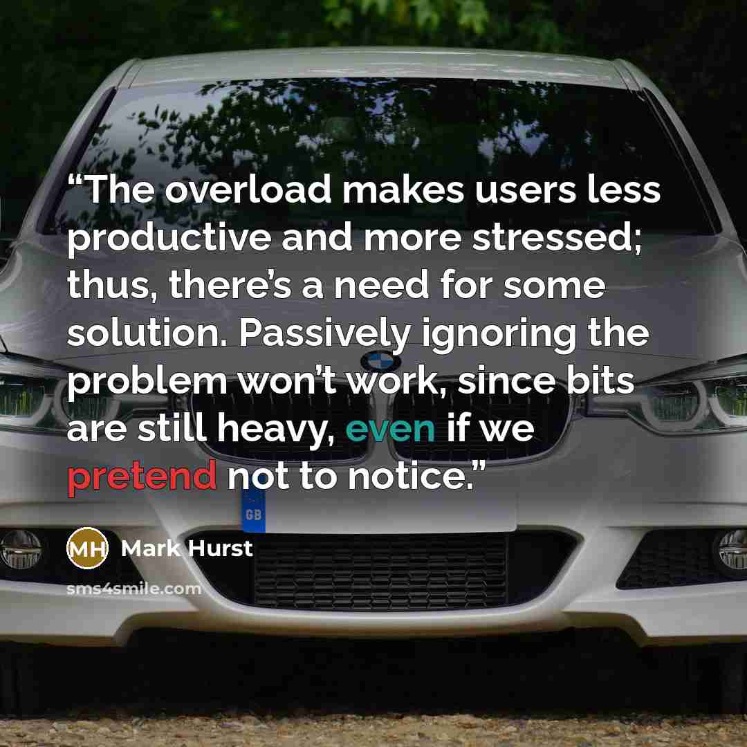 “The overload makes users less productive and more stressed; thus, there’s a need for some solution. Passively ignoring the problem won’t work, since bits are still heavy, even if we pretend not to notice.” quote by Mark Hurst