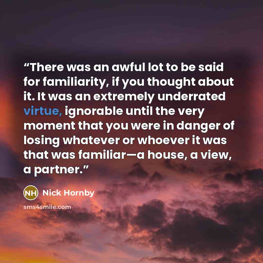 “There was an awful lot to be said for familiarity, if you thought about it. It was an extremely underrated virtue, ignorable until the very moment that you were in danger of losing whatever or whoever it was that was familiar—a house, a view, a partner.” quote by Nick Hornby