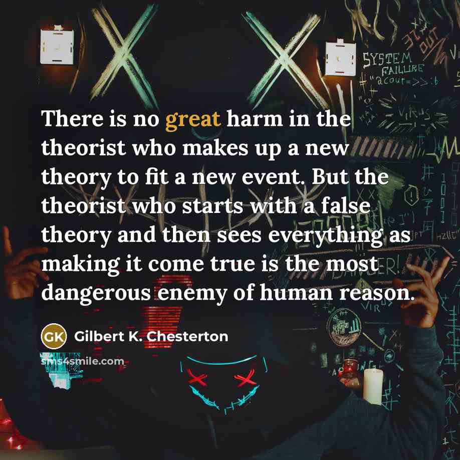 “There is no great harm in the theorist who makes…” quote by Gilbert K. Chesterton