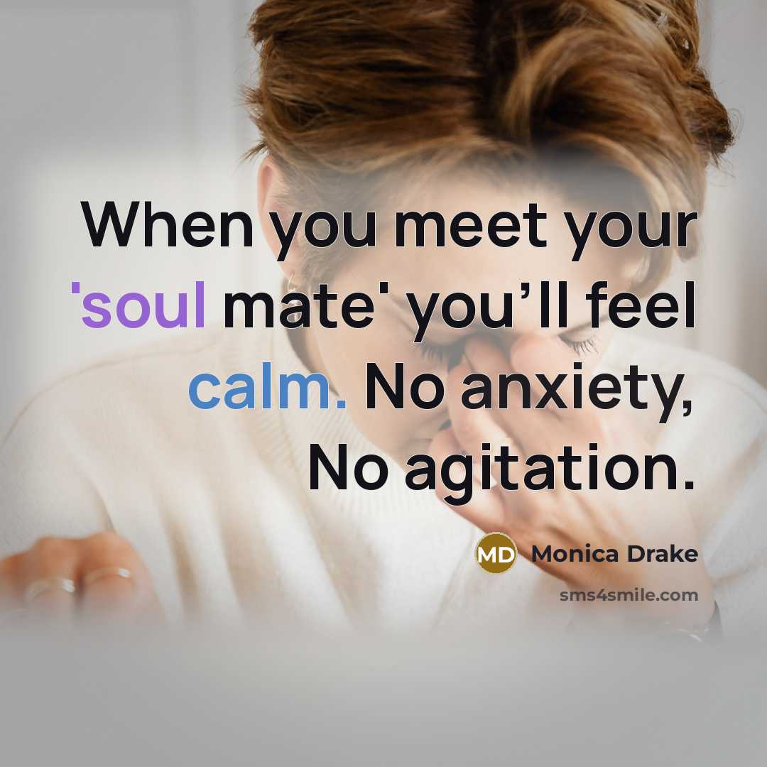“When you meet your 'soul mate' you'll feel calm. No…” quote by Monica Drake