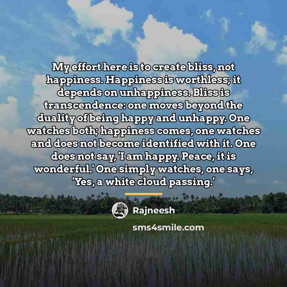 “My effort here is to create bliss, not happiness. Happiness…” quote by Rajneesh