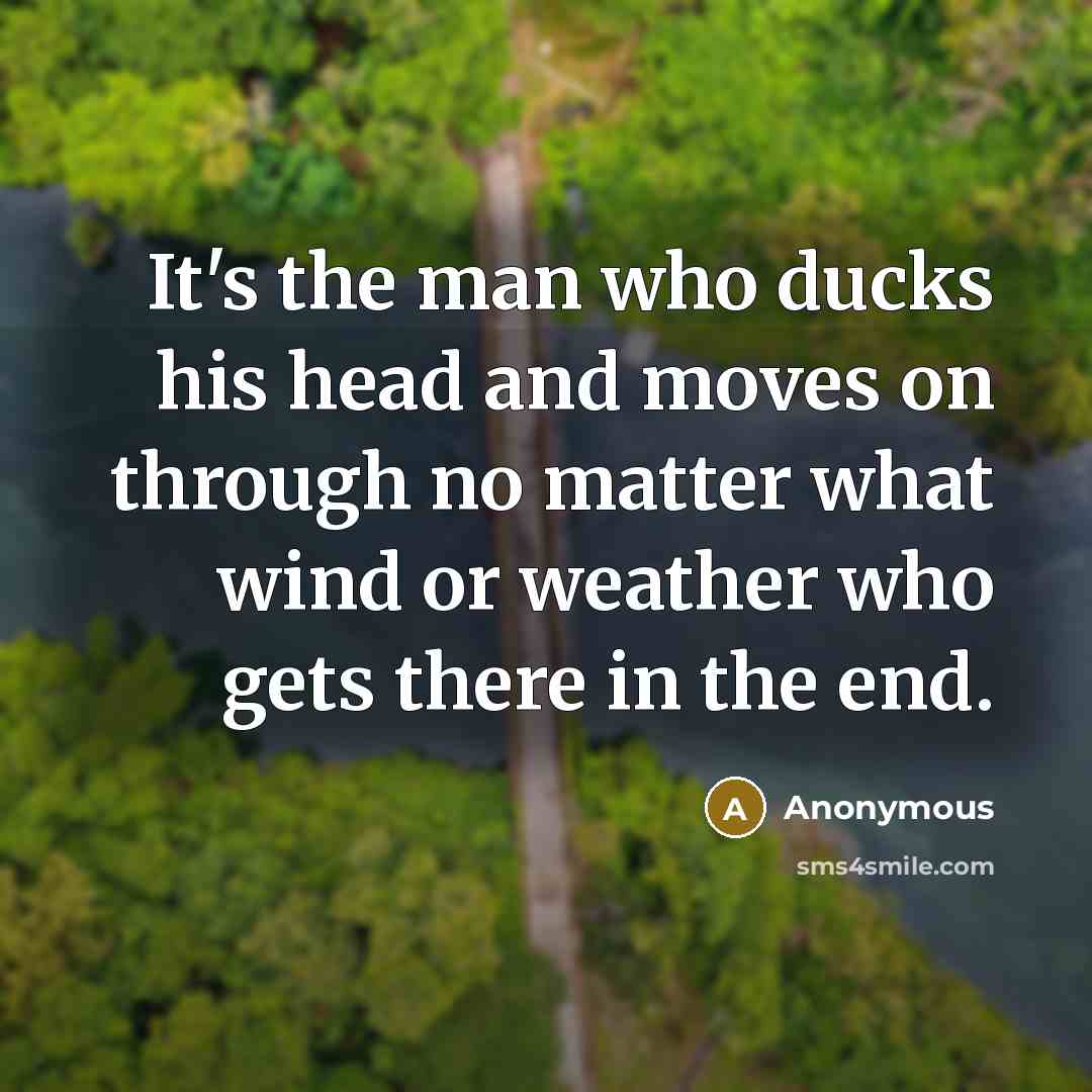 “It's the man who ducks his head and moves on through no matter what wind or weather who gets there in the end.” quote by Anonymous