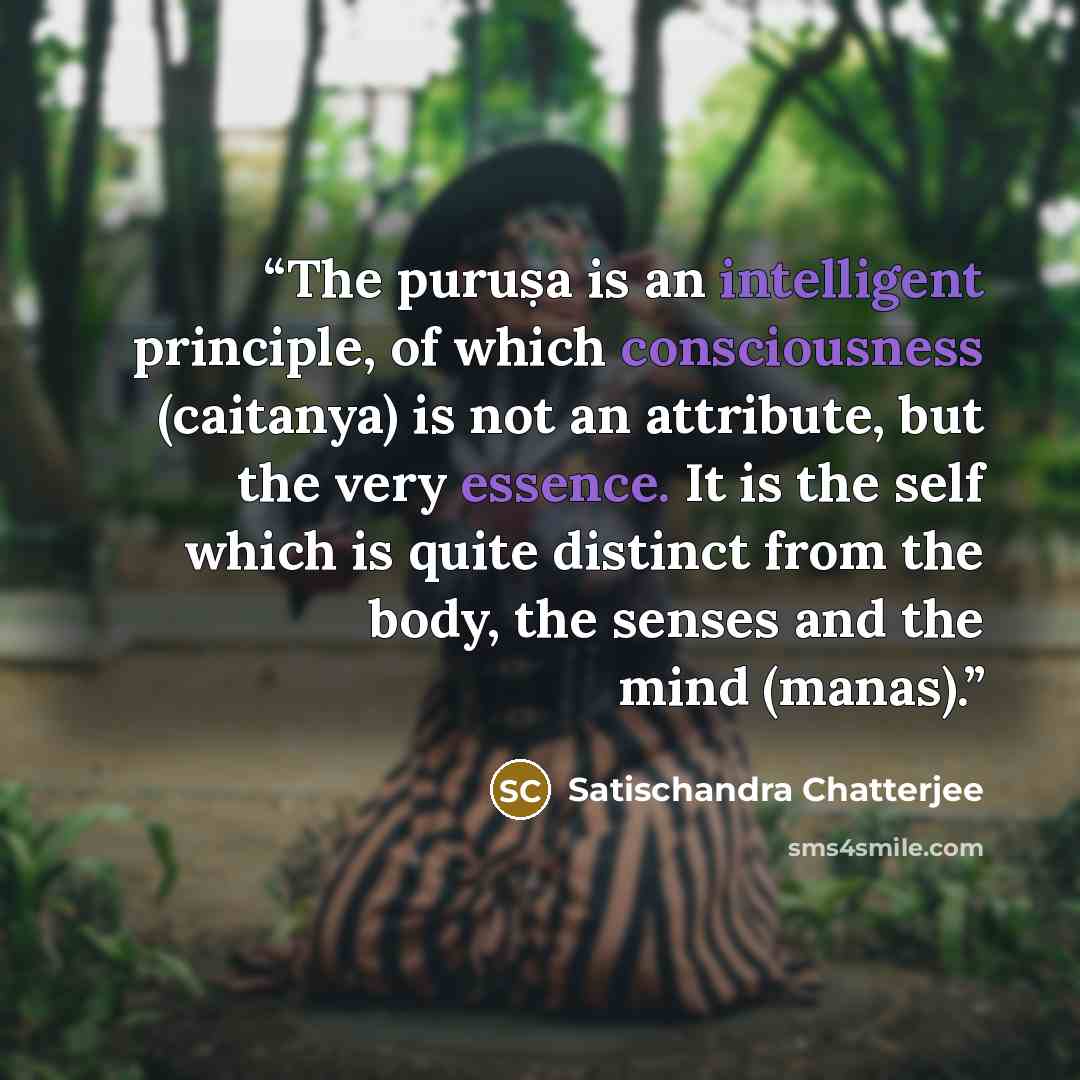 “The puruṣa is an intelligent principle, of which consciousness (caitanya) is not an attribute, but the very essence. It is the self which is quite distinct from the body, the senses and the mind (manas).” quote by Satischandra Chatterjee