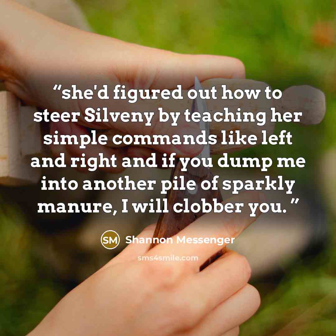 “she'd figured out how to steer Silveny by teaching her simple commands like left and right and if you dump me into another pile of sparkly manure, I will clobber you.” quote by Shannon Messenger