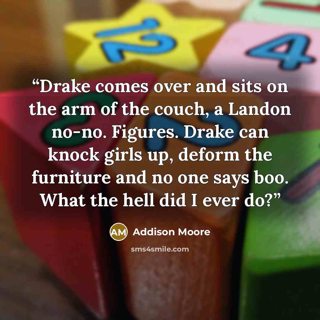 “Drake comes over and sits on the arm of the couch, a Landon no-no. Figures. Drake can knock girls up, deform the furniture and no one says boo. What the hell did I ever do?” quote by Addison Moore