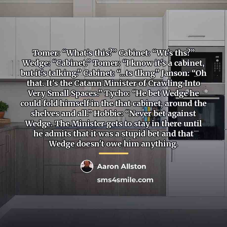 “Tomer: “What's this?” Cabinet: “Wt's ths?” Wedge: “Cabinet.” Tomer: “I…” quote by Aaron Allston