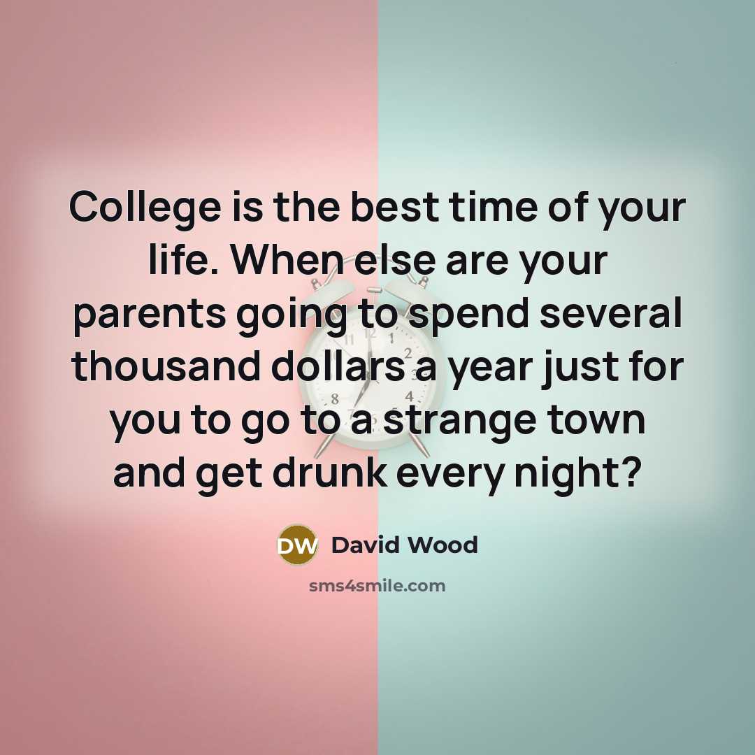 “College is the best time of your life. When else are your parents going to spend several thousand dollars a year just for you to go to a strange town and get drunk every night?” quote by David Wood