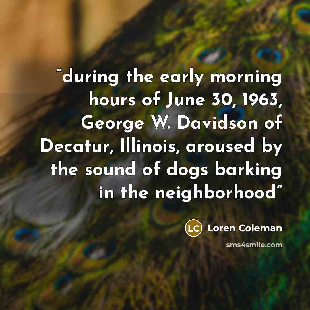 “during the early morning hours of June 30, 1963, George W. Davidson of Decatur, Illinois, aroused by the sound of dogs barking in the neighborhood” quote by Loren Coleman