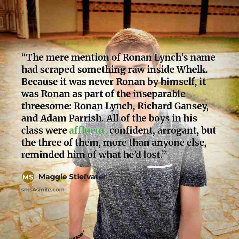 “The mere mention of Ronan Lynch’s name had scraped something raw inside Whelk. Because it was never Ronan by himself, it was Ronan as part of the inseparable threesome: Ronan Lynch, Richard Gansey, and Adam Parrish. All of the boys in his class were affluent, confident, arrogant, but the three of…” quote by Maggie Stiefvater