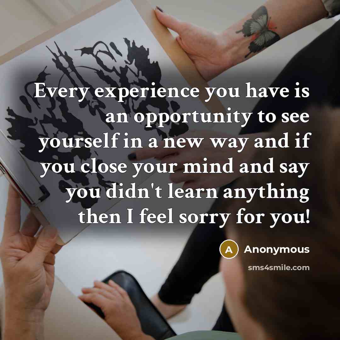 “Every experience you have is an opportunity to see yourself in a new way and if you close your mind and say you didn't learn anything then I feel sorry for you!” quote by Anonymous