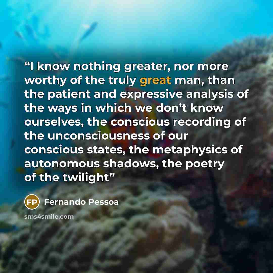 “I know nothing greater, nor more worthy of the truly great man, than the patient and expressive analysis of the ways in which we don’t know ourselves, the conscious recording of the unconsciousness of our conscious states, the metaphysics of autonomous shadows, the poetry of the twilight” quote by Fernando Pessoa