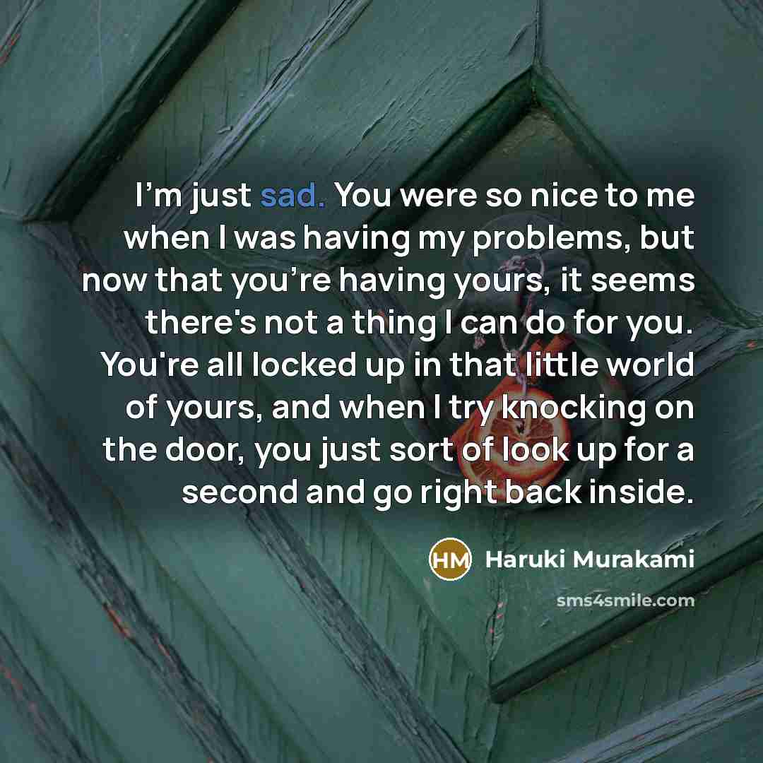 “I'm just sad. You were so nice to me when I was having my problems, but now that you're having yours, it seems there's not a thing I can do for you. You're all locked up in that little world of yours, and when I try knocking on the door, you just sort of look up for a second and go right back…” quote by Haruki Murakami