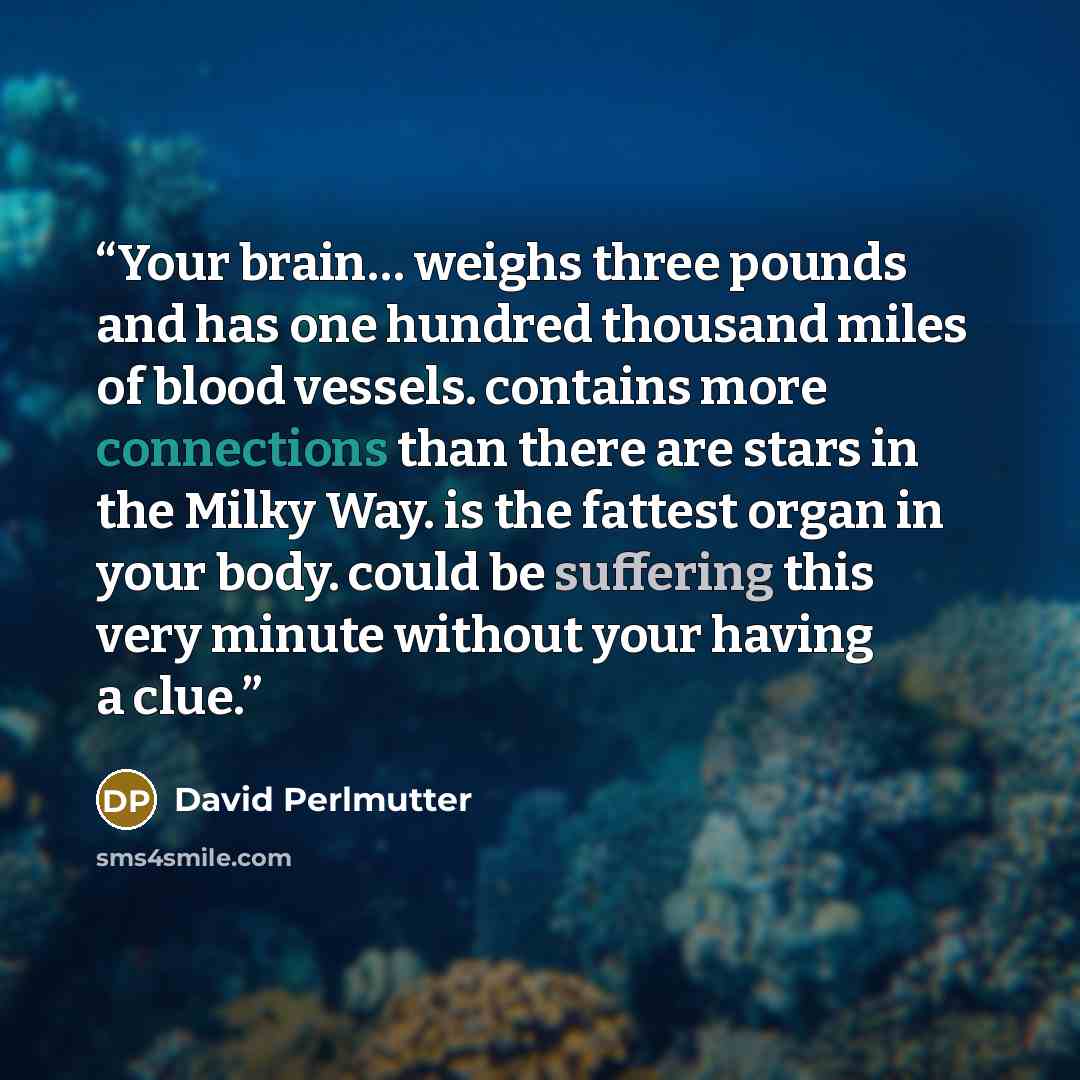 “Your brain… weighs three pounds and has one hundred thousand miles of blood vessels. contains more connections than there are stars in the Milky Way. is the fattest organ in your body. could be suffering this very minute without your having a clue.” quote by David Perlmutter