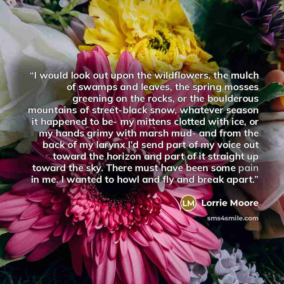 “I would look out upon the wildflowers, the mulch of swamps and leaves, the spring mosses greening on the rocks, or the boulderous mountains of street-black snow, whatever season it happened to be- my mittens clotted with ice, or my hands grimy with marsh mud- and from the back of my larynx I’d…” quote by Lorrie Moore