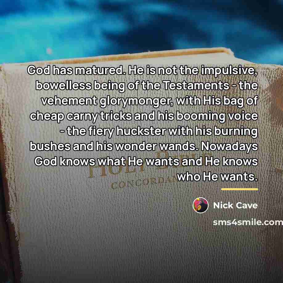 “God has matured. He is not the impulsive, bowelless being…” quote by Nick Cave