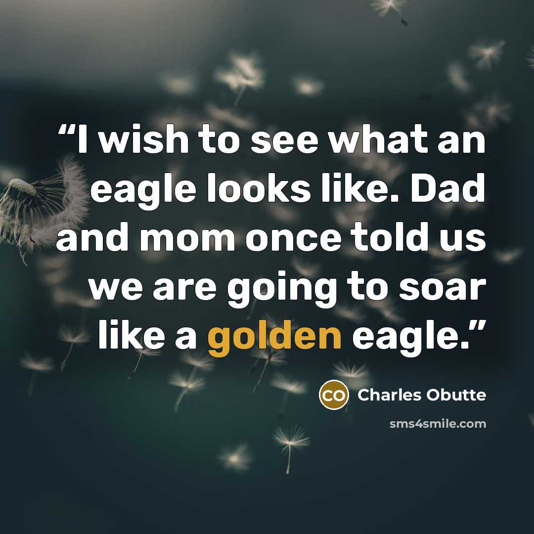“I wish to see what an eagle looks like. Dad and mom once told us we are going to soar like a golden eagle.” quote by Charles Obutte