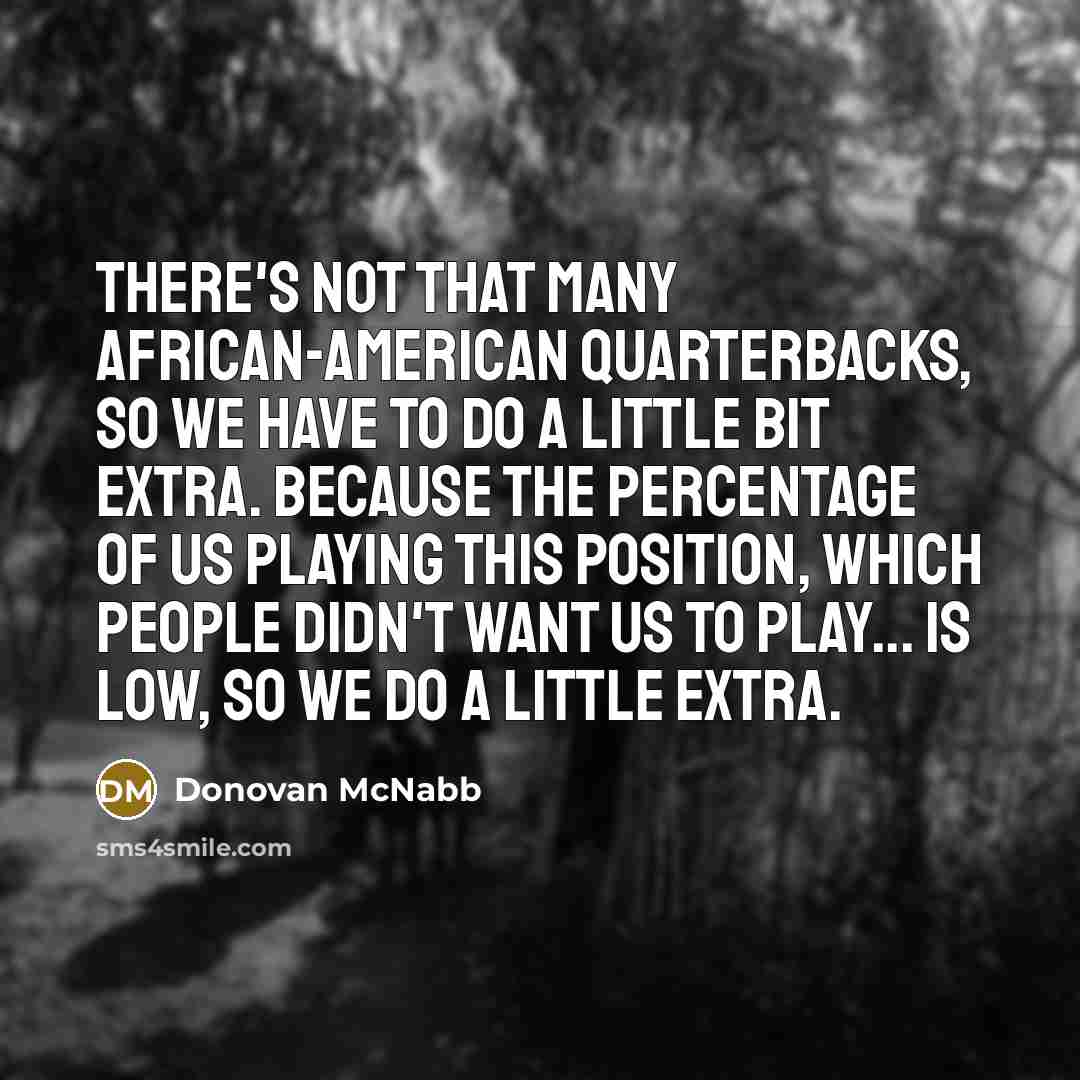 “There's not that many African-American quarterbacks, so we have to do a little bit extra. Because the percentage of us playing this position, which people didn't want us to play... is low, so we do a little extra.” quote by Donovan McNabb
