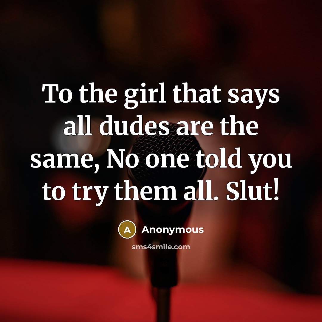 “To the girl that says all dudes are the same, No one told you to try them all. Slut!” quote by Anonymous
