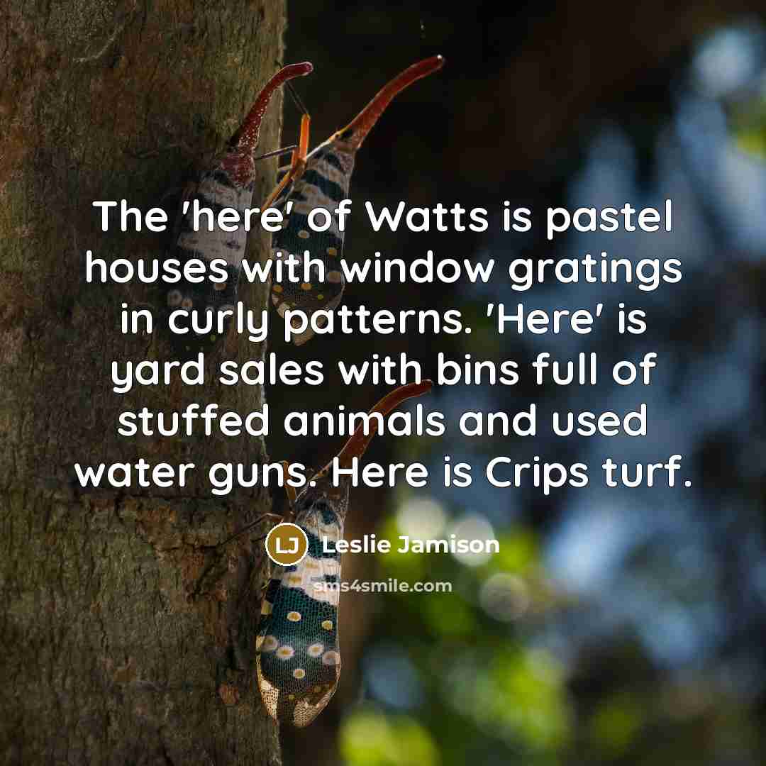 “The 'here' of Watts is pastel houses with window gratings…” quote by Leslie Jamison