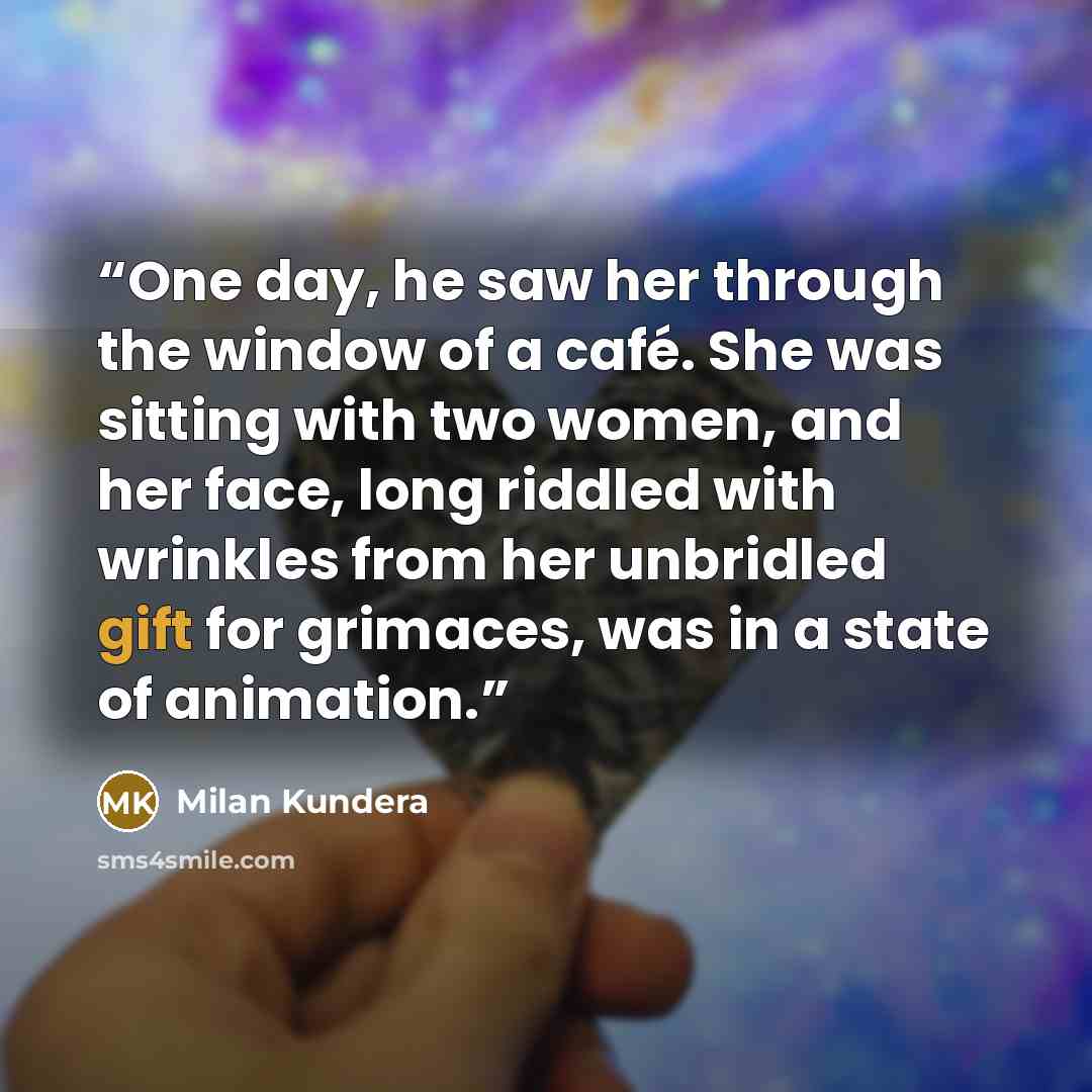 “One day, he saw her through the window of a café. She was sitting with two women, and her face, long riddled with wrinkles from her unbridled gift for grimaces, was in a state of animation.” quote by Milan Kundera