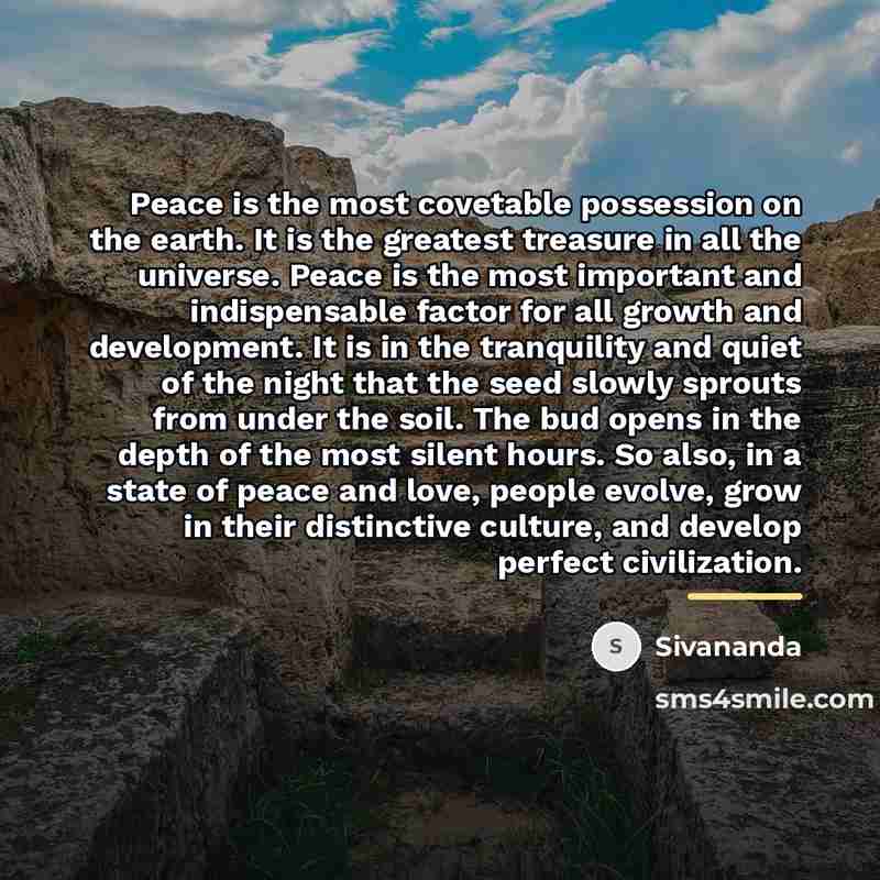 “Peace is the most covetable possession on the earth. It…” quote by Sivananda