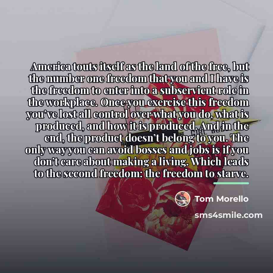 “America touts itself as the land of the free, but…” quote by Tom Morello