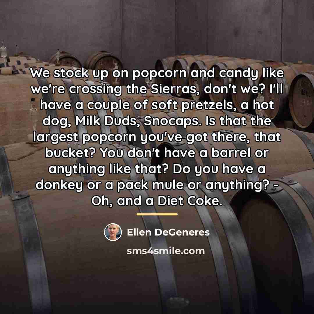 “We stock up on popcorn and candy like we're crossing…” quote by Ellen DeGeneres