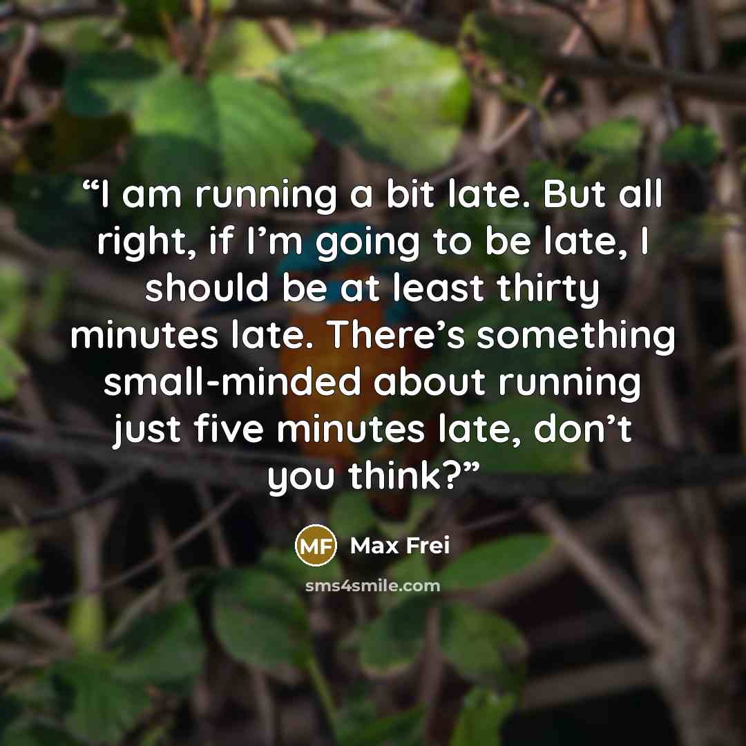 “I am running a bit late. But all right, if I’m going to be late, I should be at least thirty minutes late. There’s something small-minded about running just five minutes late, don’t you think?” quote by Max Frei