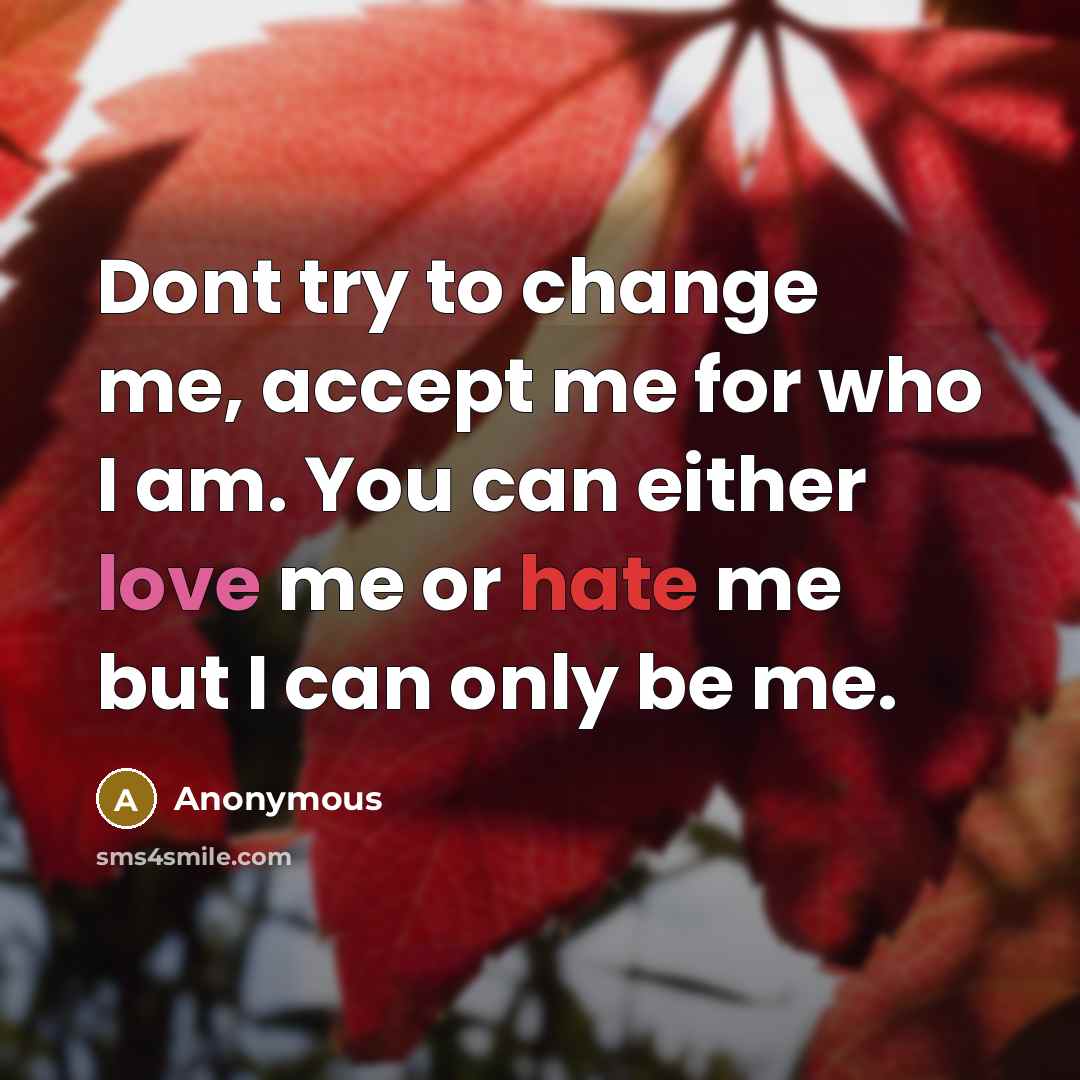 “Dont try to change me, accept me for who I am. You can either love me or hate me but I can only be me.” quote by Anonymous