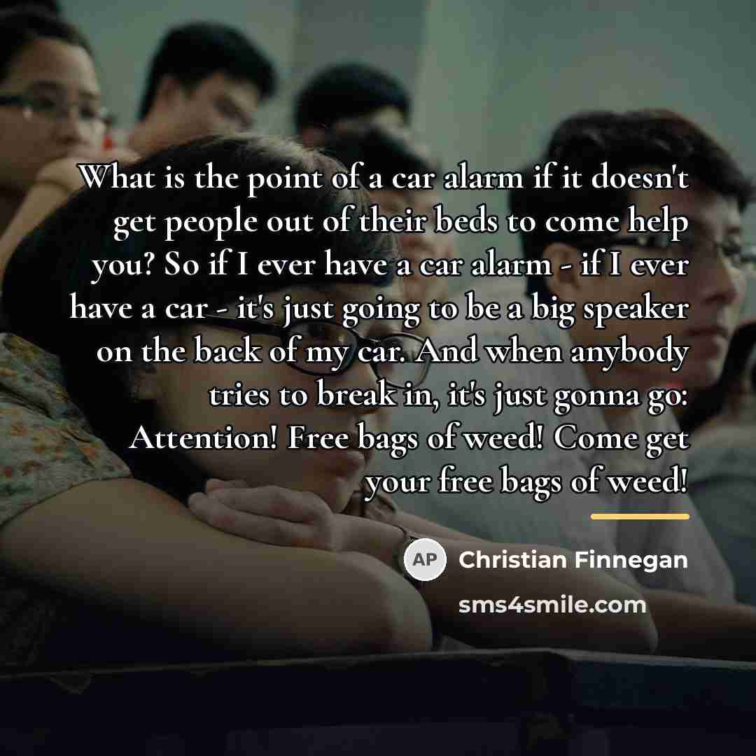 “What is the point of a car alarm if it…” quote by Christian Finnegan