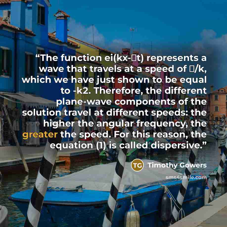 “The function ei(kx-ωt) represents a wave that travels at a speed of ω/k, which we have just shown to be equal to -k2. Therefore, the different plane-wave components of the solution travel at different speeds: the higher the angular frequency, the greater the speed. For this reason, the equation…” quote by Timothy Gowers