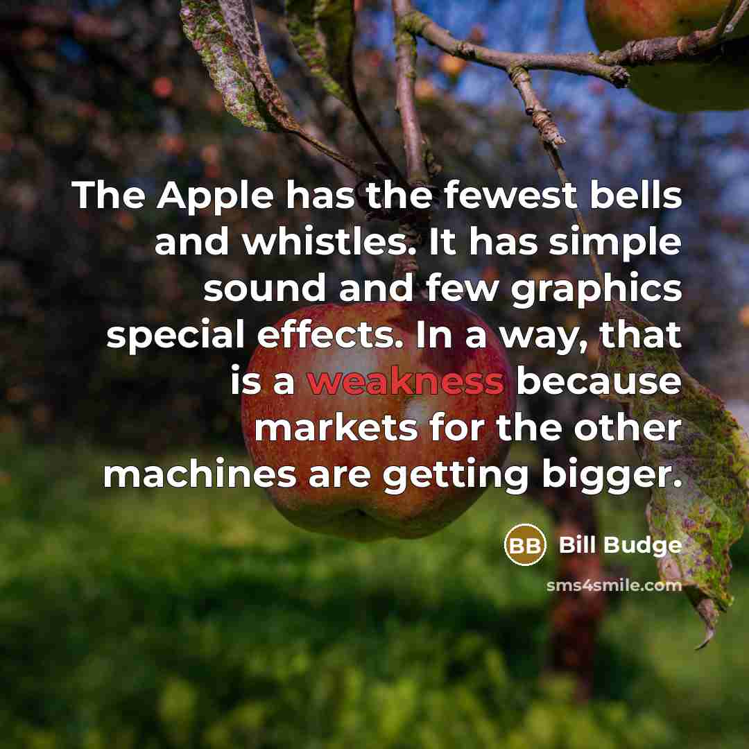 “The Apple has the fewest bells and whistles. It has simple sound and few graphics special effects. In a way, that is a weakness because markets for the other machines are getting bigger.” quote by Bill Budge