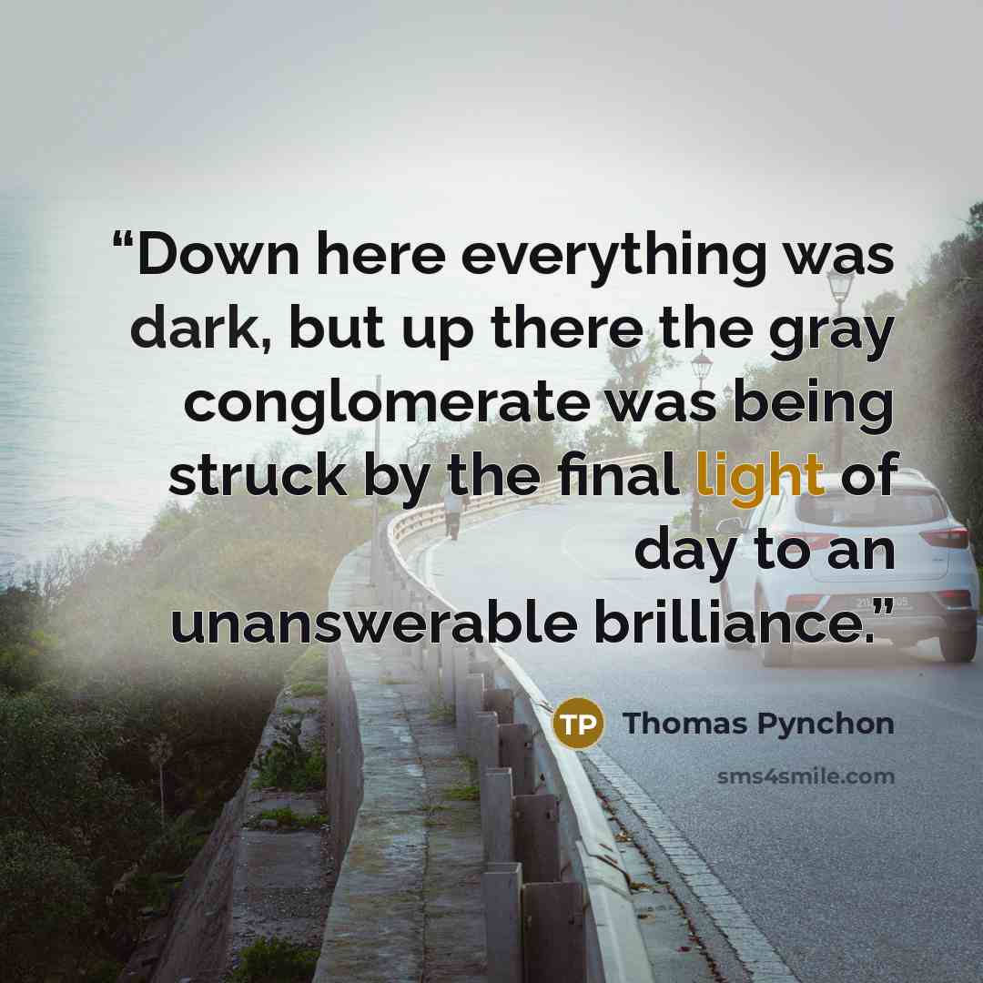 “Down here everything was dark, but up there the gray conglomerate was being struck by the final light of day to an unanswerable brilliance.” quote by Thomas Pynchon