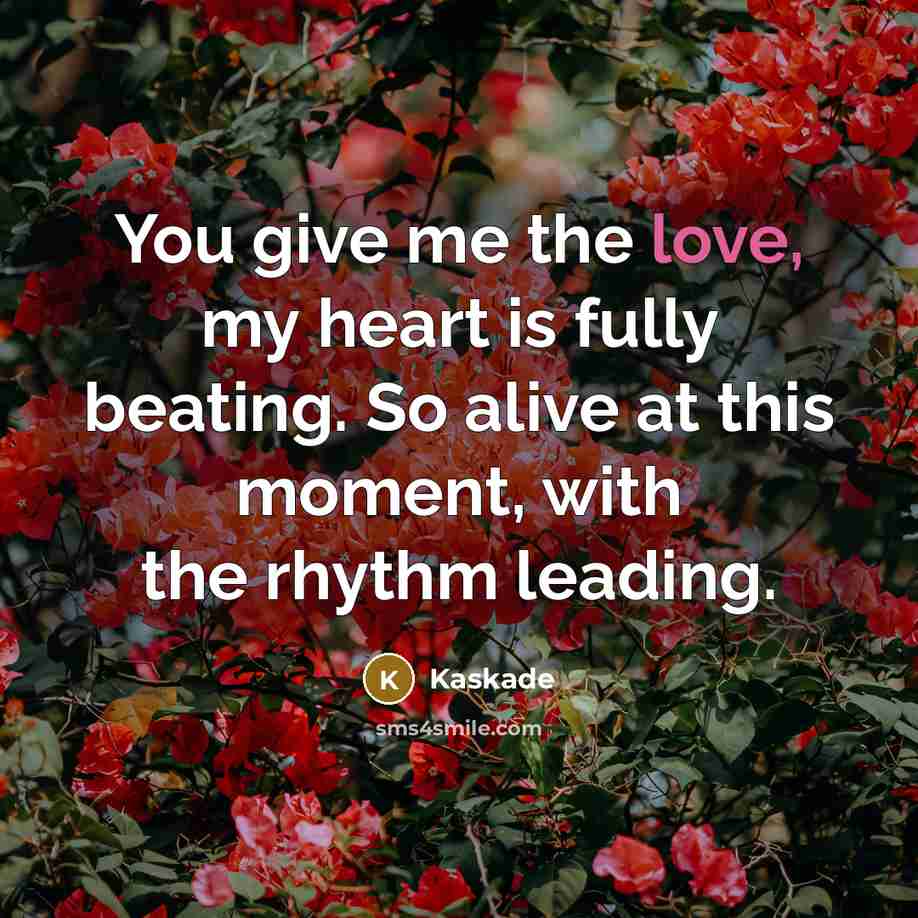 “You give me the love, my heart is fully beating. So alive at this moment, with the rhythm leading.” quote by Kaskade