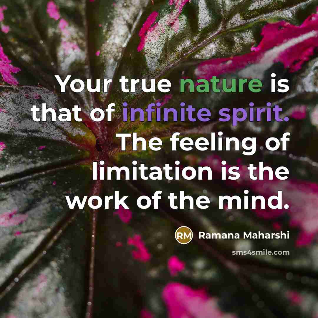 “Your true nature is that of infinite spirit. The feeling of limitation is the work of the mind.” quote by Ramana Maharshi