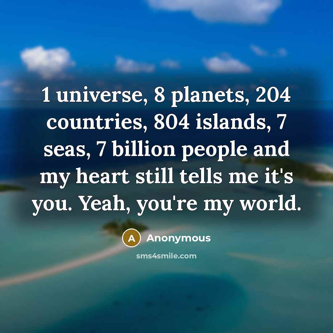 “1 universe, 8 planets, 204 countries, 804 islands, 7 seas, 7 billion people and my heart still tells me it's you. Yeah, you're my world.” quote by Anonymous