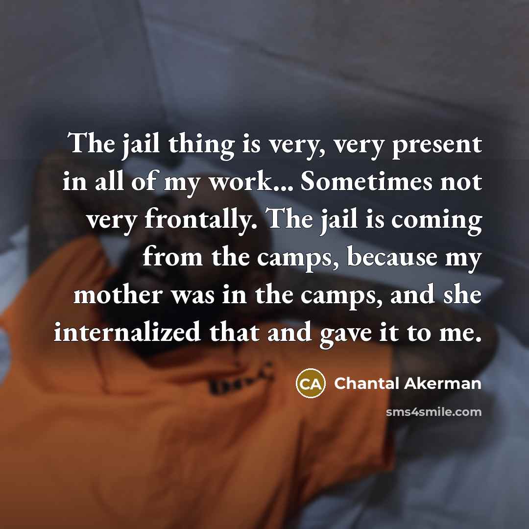 “The jail thing is very, very present in all of my work... Sometimes not very frontally. The jail is coming from the camps, because my mother was in the camps, and she internalized that and gave it to me.” quote by Chantal Akerman