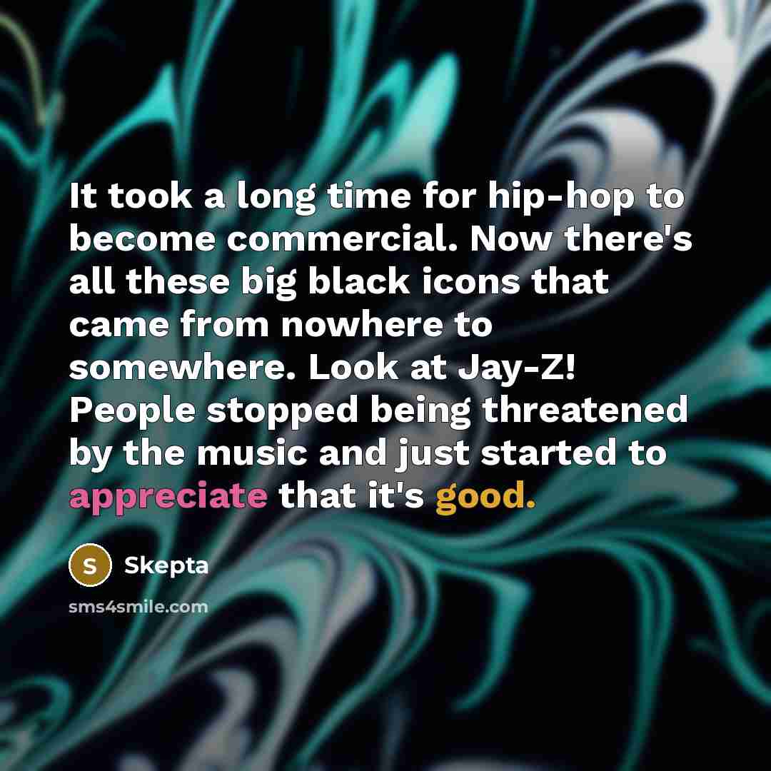 “It took a long time for hip-hop to become commercial. Now there's all these big black icons that came from nowhere to somewhere. Look at Jay-Z! People stopped being threatened by the music and just started to appreciate that it's good.” quote by Skepta