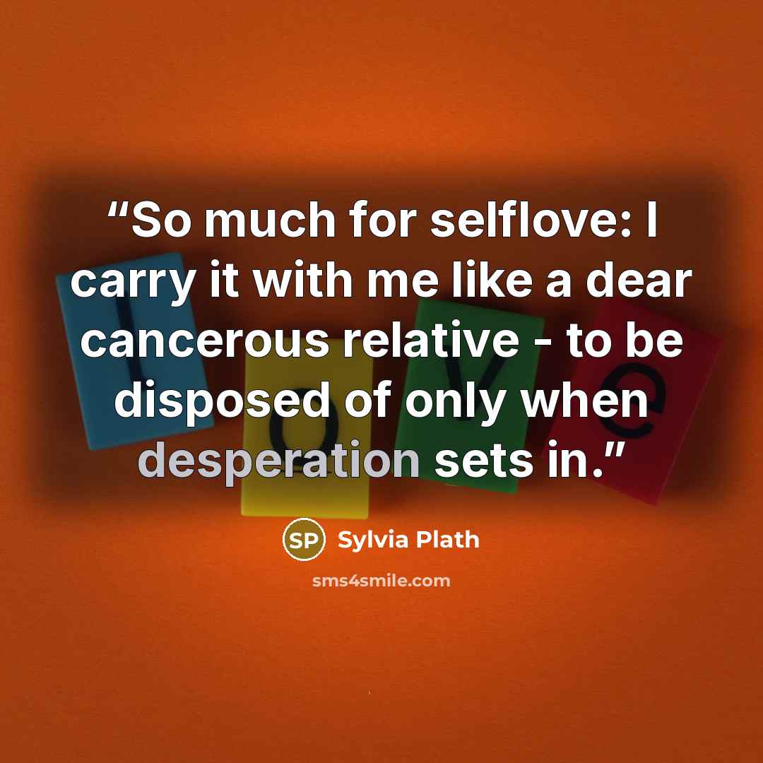“So much for selflove: I carry it with me like a dear cancerous relative - to be disposed of only when desperation sets in.” quote by Sylvia Plath