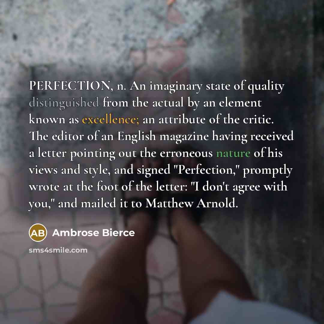 “PERFECTION, n. An imaginary state of quality distinguished from the…” quote by Ambrose Bierce