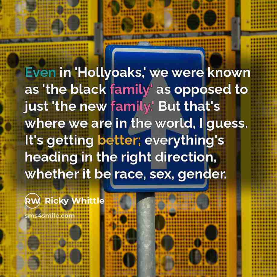 “Even in 'Hollyoaks,' we were known as 'the black family' as opposed to just 'the new family.' But that's where we are in the world, I guess. It's getting better; everything's heading in the right direction, whether it be race, sex, gender.” quote by Ricky Whittle