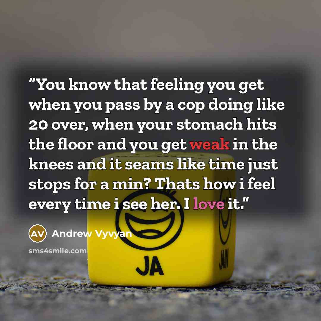 “You know that feeling you get when you pass by a cop doing like 20 over, when your stomach hits the floor and you get weak in the knees and it seams like time just stops for a min? Thats how i feel every time i see her. I love it.” quote by Andrew Vyvyan