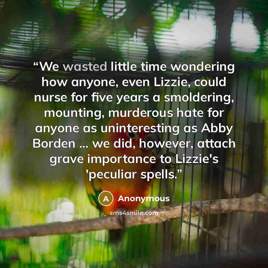 “We wasted little time wondering how anyone, even Lizzie, could nurse for five years a smoldering, mounting, murderous hate for anyone as uninteresting as Abby Borden ... we did, however, attach grave importance to Lizzie's 'peculiar spells.” quote by Anonymous