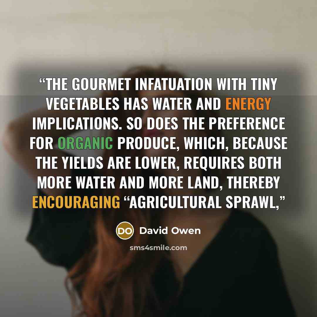 “The gourmet infatuation with tiny vegetables has water and energy implications. So does the preference for organic produce, which, because the yields are lower, requires both more water and more land, thereby encouraging “agricultural sprawl,” quote by David Owen
