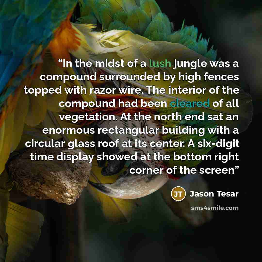 “In the midst of a lush jungle was a compound surrounded by high fences topped with razor wire. The interior of the compound had been cleared of all vegetation. At the north end sat an enormous rectangular building with a circular glass roof at its center. A six-digit time display showed at the…” quote by Jason Tesar