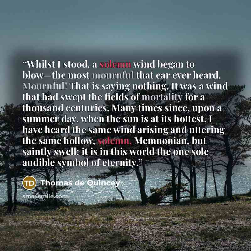 “Whilst I stood, a solemn wind began to blow—the most mournful that ear ever heard. Mournful! That is saying nothing. It was a wind that had swept the fields of mortality for a thousand centuries. Many times since, upon a summer day, when the sun is at its hottest, I have heard the same wind…” quote by Thomas de Quincey
