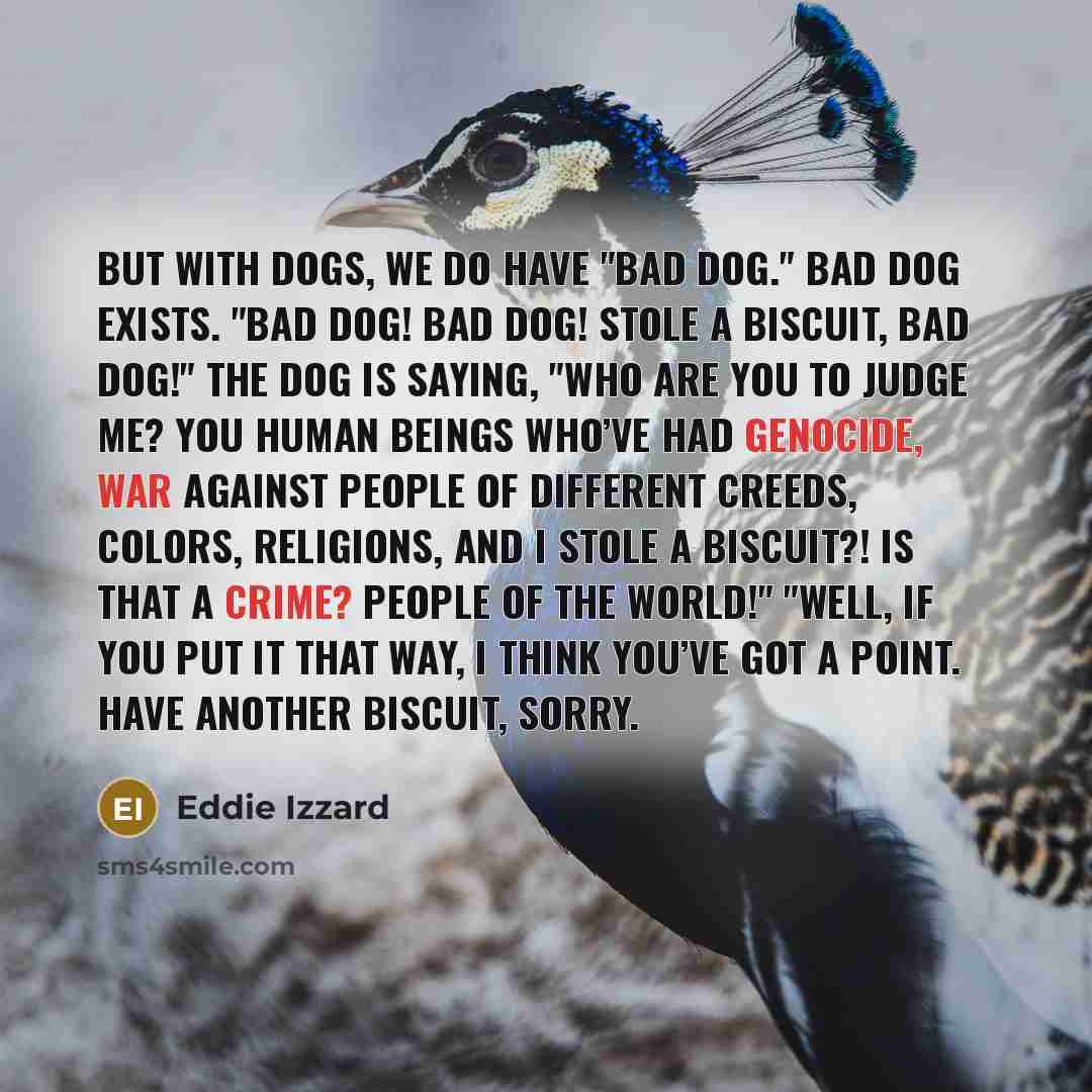 “But with dogs, we do have "bad dog." Bad dog exists. "Bad dog! Bad dog! Stole a biscuit, bad dog!" The dog is saying, "Who are you to judge me? You human beings who’ve had genocide, war against people of different creeds, colors, religions, and I stole a biscuit?! Is that a crime? People of the…” quote by Eddie Izzard